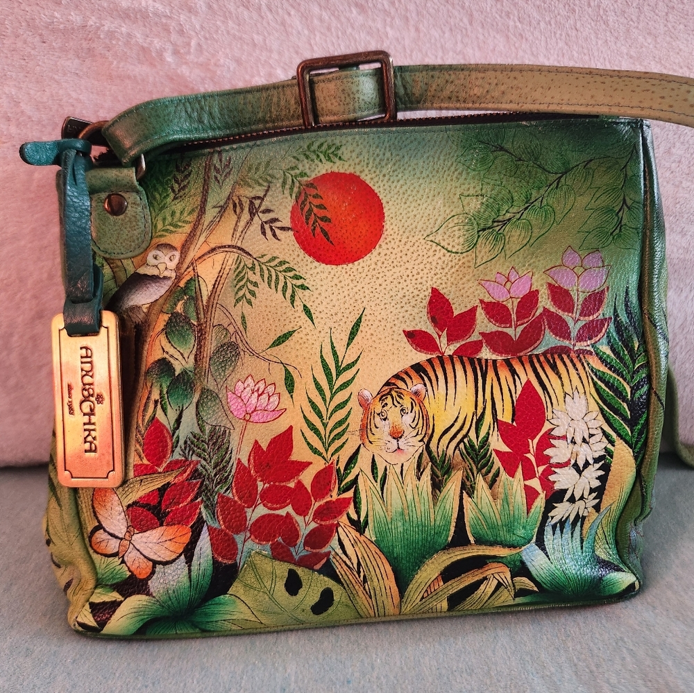 Anushka hand painted tiger and jungle theme leather purse